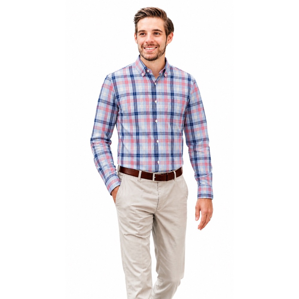 Bonobos Tailored Slim Fit Plaid Cotton Button Down Shirt Long Sleeve Blue Pink L